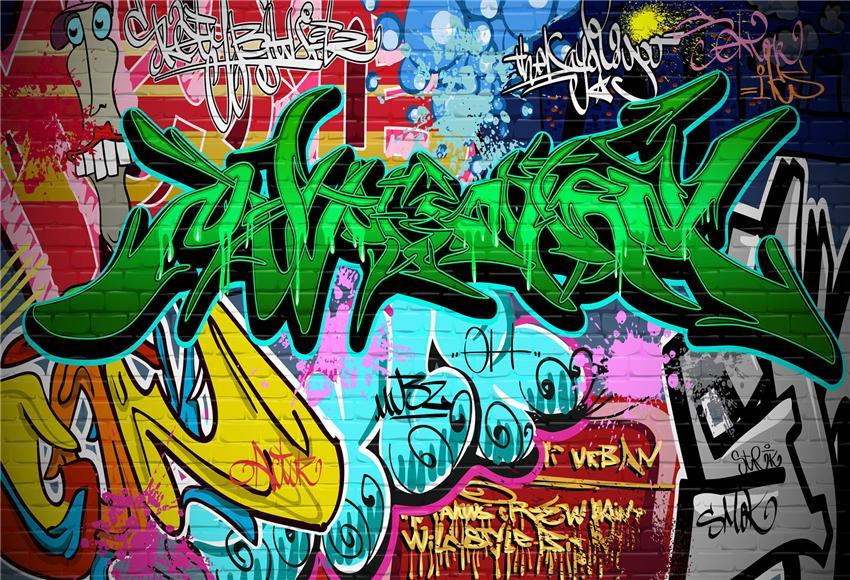 80s Retro Graffiti Brick Wall Backdrop for Party