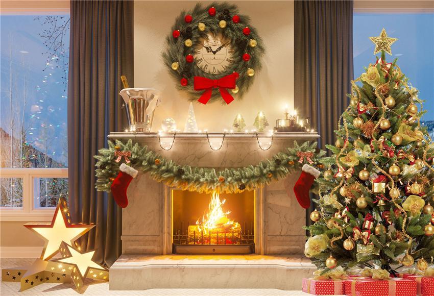 Toile de fond de photographie d'étoile d'or de cheminée de Noël