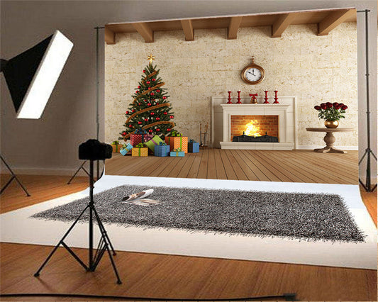 Toile de fond de décors de photographie de Noël en bois de brique