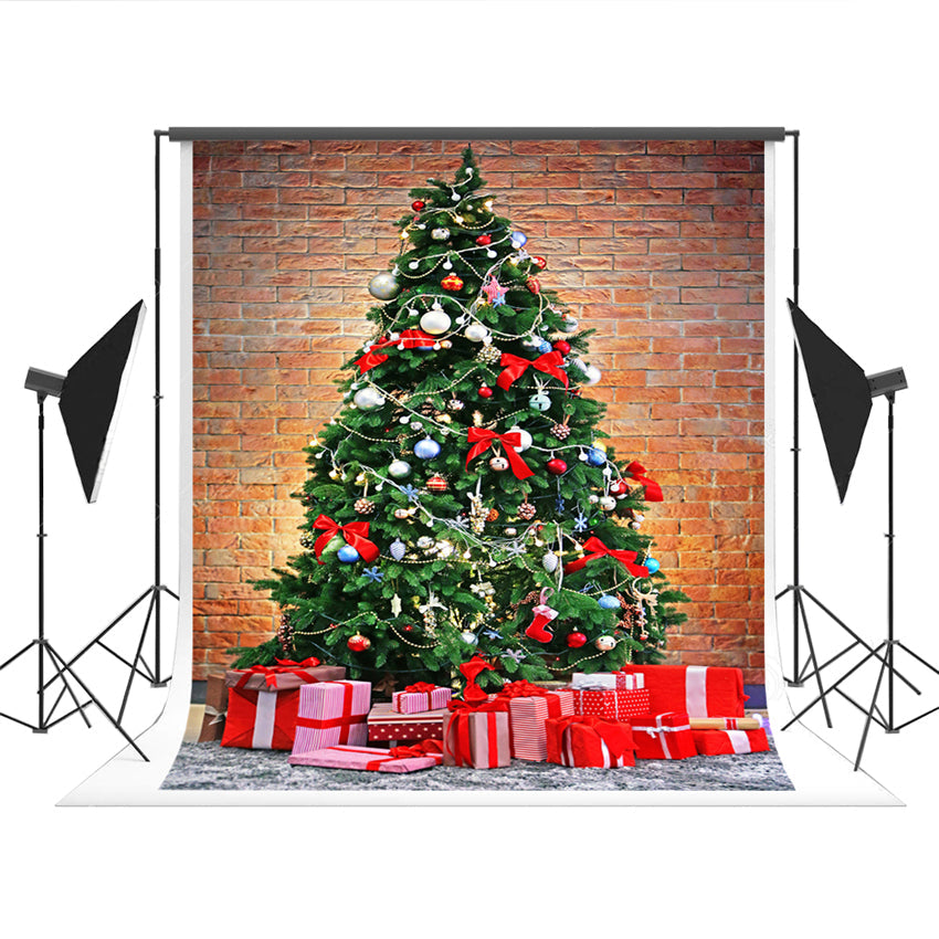 Toile de fond décors d'arbre de Noël de mur de briques rouges pour la fête