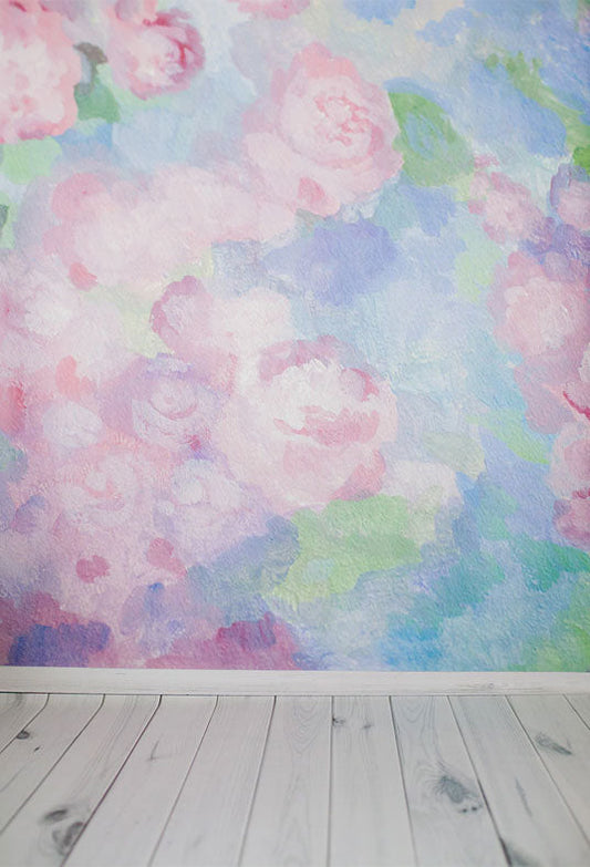 Toile de fond décors de photographie en bois blanc floral rose pour le studio