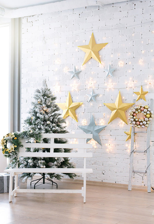 Toile de fond de mur de briques blanches décors de Noël de plancher en bois d'étoile colorée