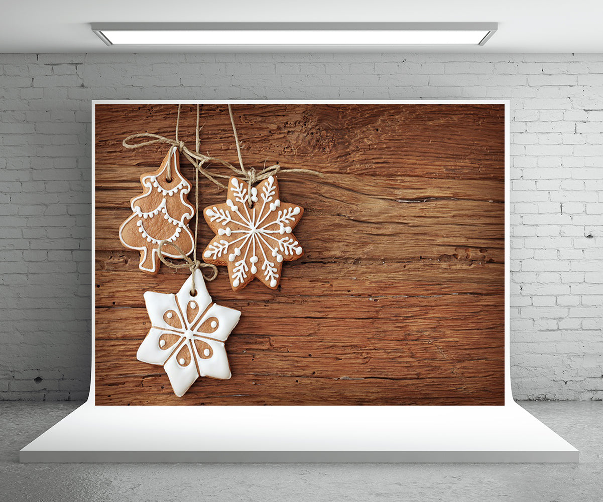 Toile de fond de photographie de biscuits de flocon de neige fond de photo en bois de Noël