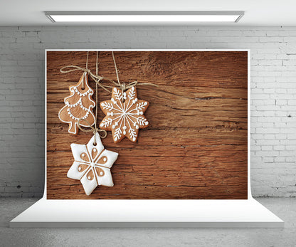 Toile de fond de photographie de biscuits de flocon de neige fond de photo en bois de Noël