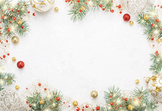 Toile de fond décors de cloche d'or de branche de pin de neige blanche pour Noël