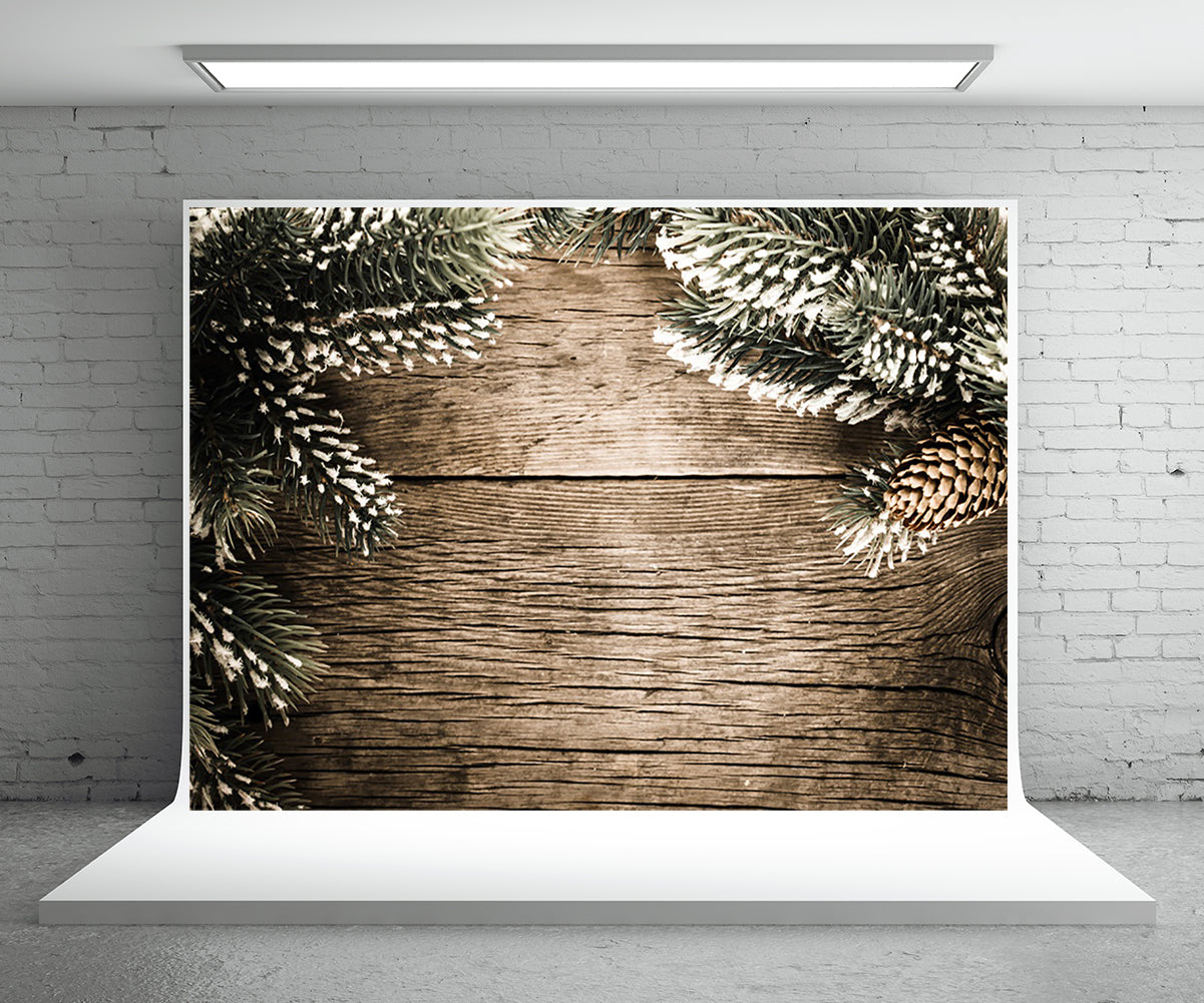 Toile de fond de Noël mur en bois photographie boule de pin fond