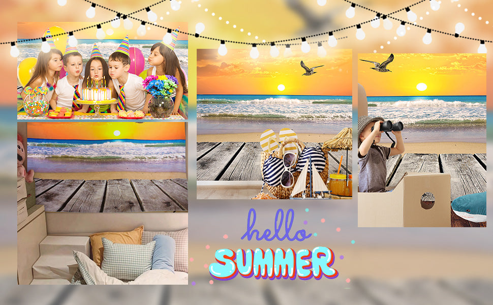 Toile de fond de bord de mer coucher de soleil paysage photo mouettes photographie bleu ciel photo studio KH04686