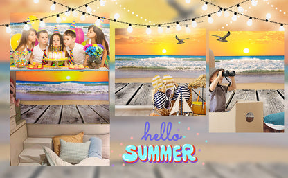 Toile de fond de bord de mer coucher de soleil paysage photo mouettes photographie bleu ciel photo studio KH04686