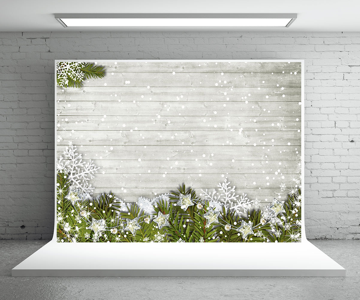 Toile de fond de photographie de Noël flocon de neige de mur en bois blanc