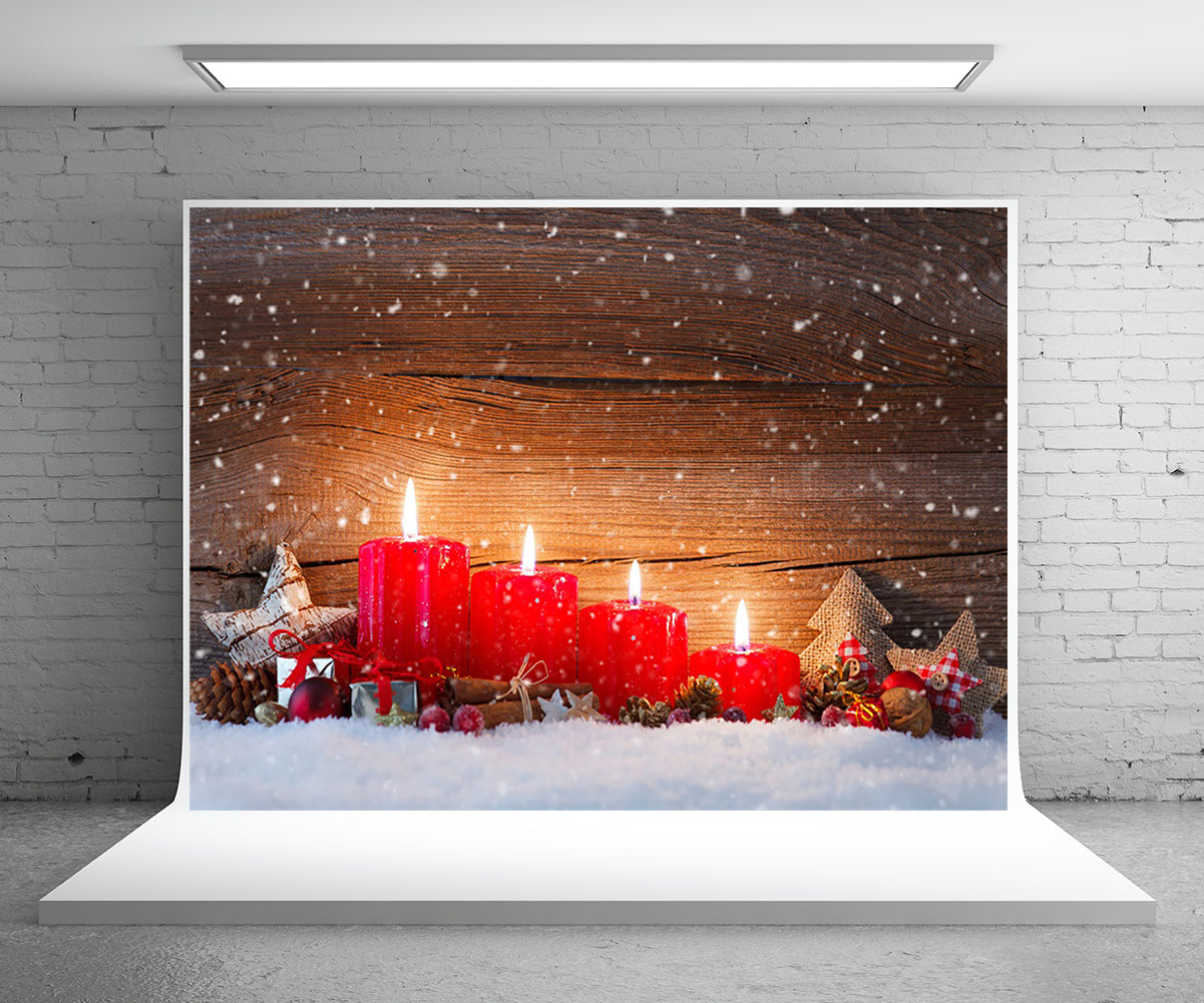 Toile de fond de bougie rouge de photographie Noël flocon neige fond bois