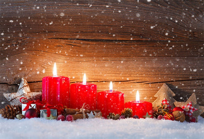 Toile de fond de bougie rouge de photographie Noël flocon neige fond bois