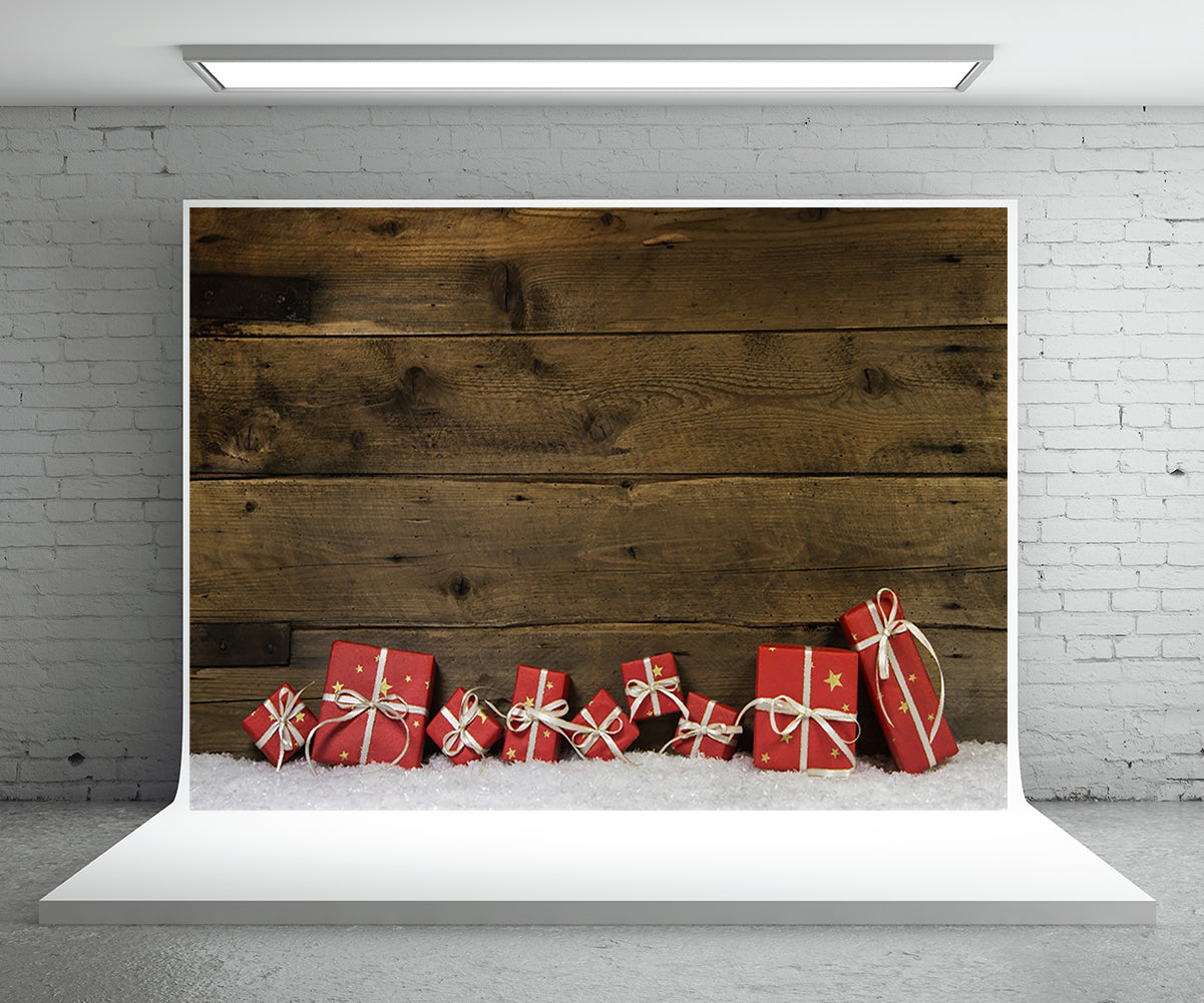 Toile de fond de cadeau de Noël rouge fond de photographie de neige fond de mur en bois