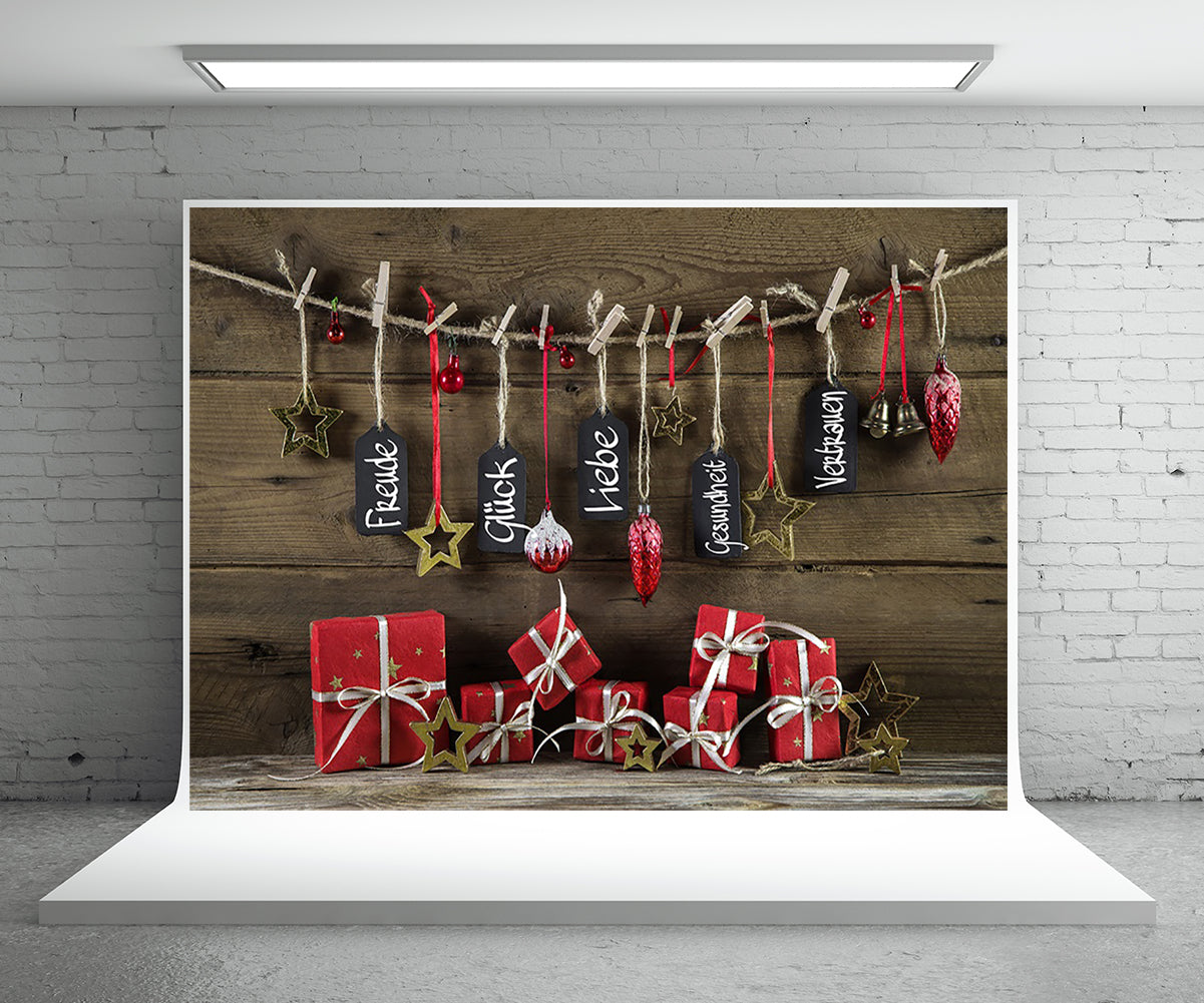 Toile de fond de cadeau de Noël photographie mur en bois photo