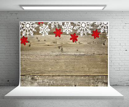 Toile de fond de flocon de neige feuilles rouges fond de photographie de mur en bois fond de Noël