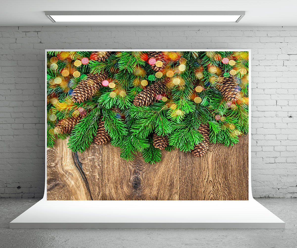 Toile de fond de photographie de mur en bois de branche de pin pour Noël