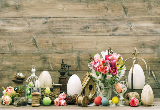 Toile de fond d'oeufs de fleurs en bois de Pâques décors photo
