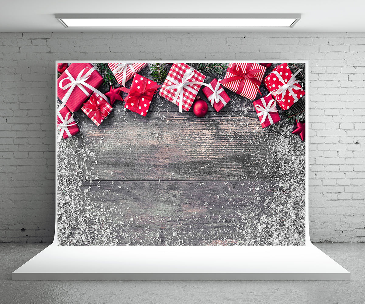 Toile de fond de cadeau de Noël photographie flocon de neige de mur en bois