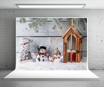Toile de fond de photographie de mur de bois de bonhomme de neige pour Noël