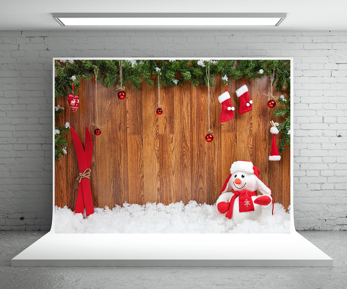 Toile de fond décors de photographie de mur en bois de Noël fond de bonhomme de neige