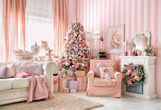 Toile de fond de rayures d'arbre de Noël floral rose pour les photos