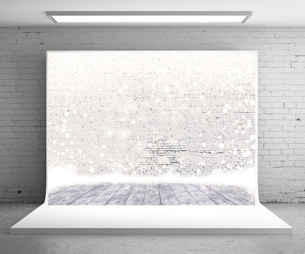 Toile de fond blanche de photographie de mur de brique de flocon de neige pour Noël