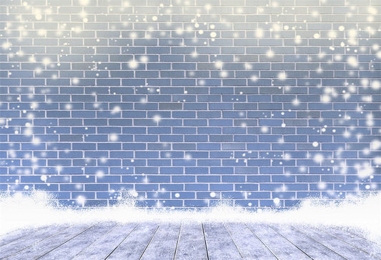 Toile de fond de photographie de mur de briques bleu clair de flocons de neige blancs de Noël