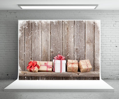 Toile de fond de cadeau de Noël de photographie de mur en bois