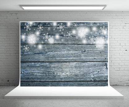 Toile de fond de photographie de mur en bois de flocon de neige clair de Noël