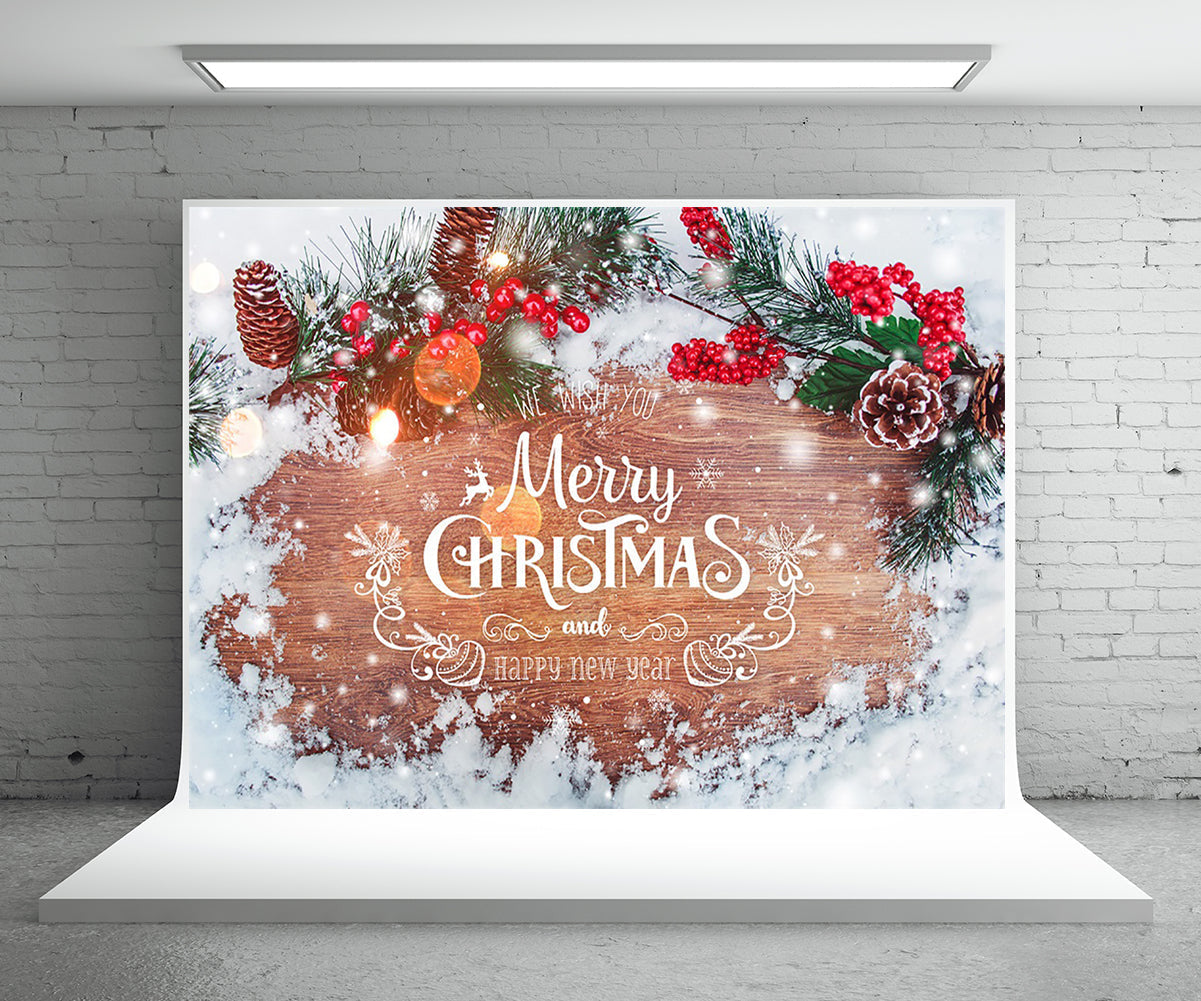 Toile de fond de photographie de mur en bois couvert de neige fond de Noël