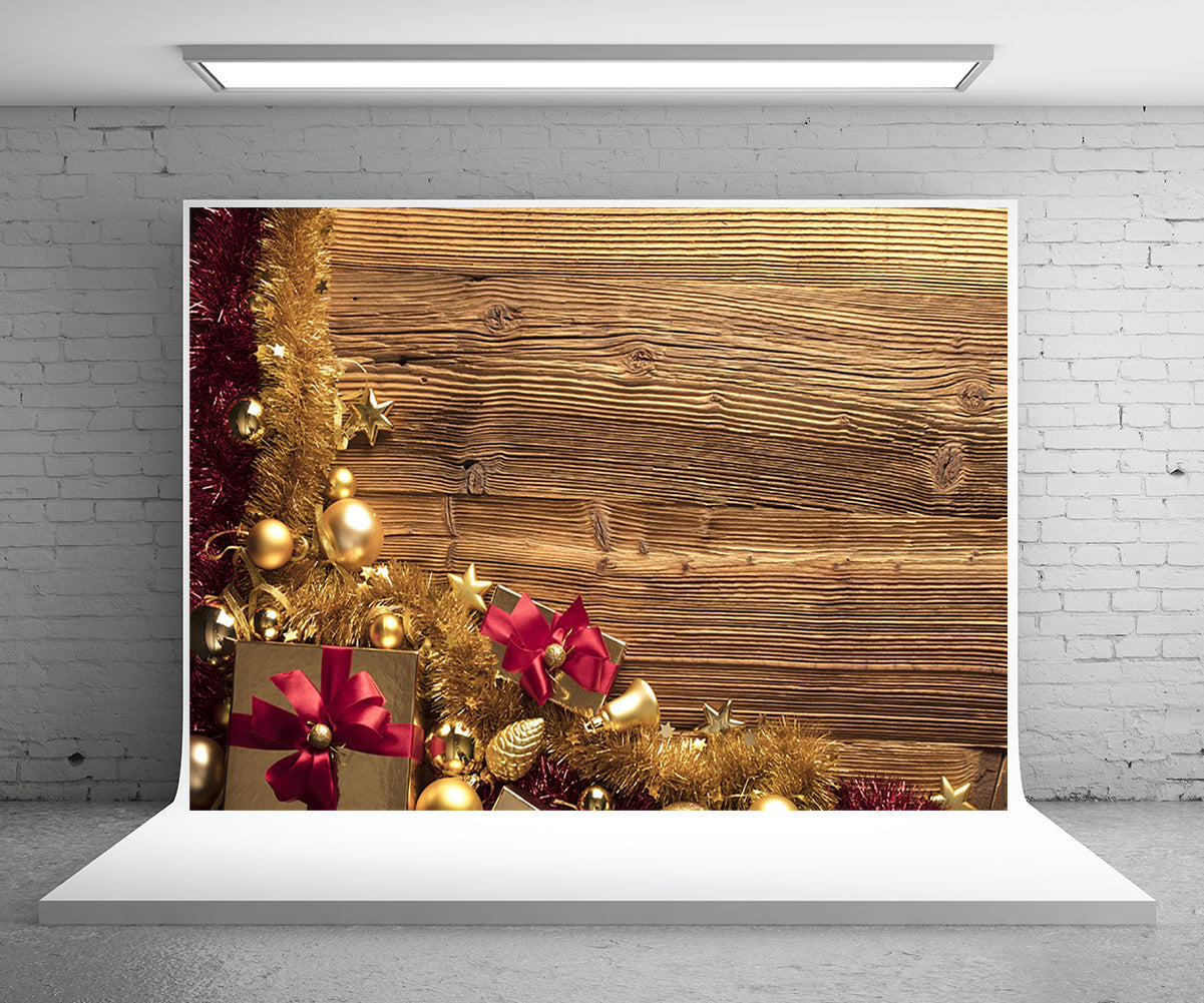 Toile de fond de cadeau de Noël photographie fond de mur en bois doré