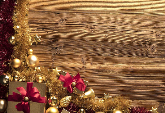 Toile de fond de cadeau de Noël photographie fond de mur en bois doré