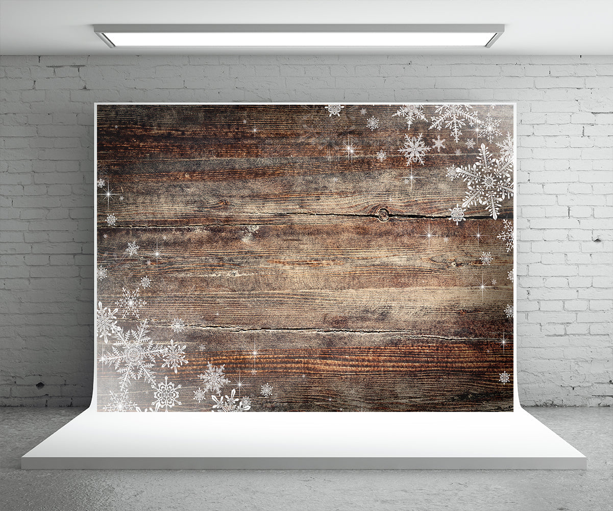 Toile de fond de photographie de mur en bois foncé de flocon de neige pour Noël