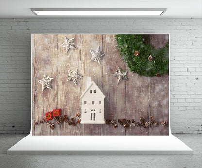 Toile de fond de photographie de flocon de neige de planche de pin d'étoile pour Noël