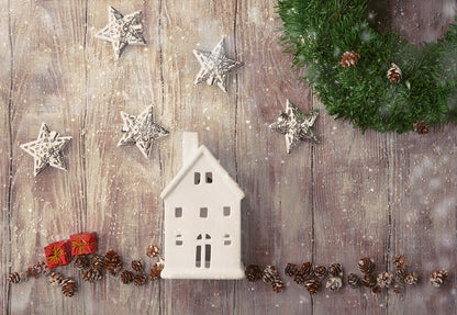 Toile de fond de photographie de flocon de neige de planche de pin d'étoile pour Noël