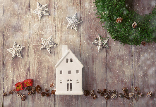 Toile de fond de photographie de flocon de neige de planche de pin d'étoile pour Noël