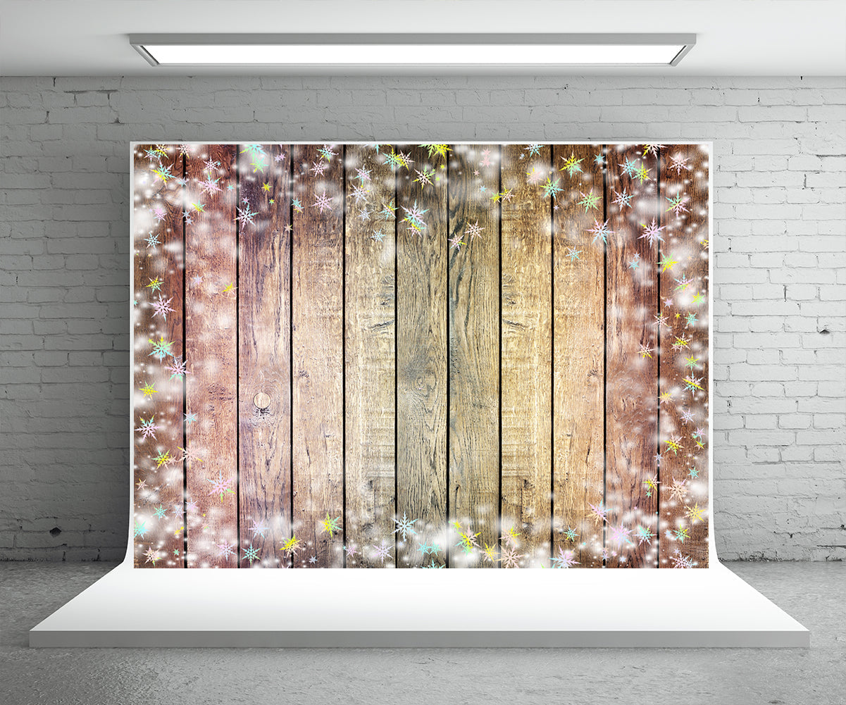 Toile de fond de photographie de mur en bois de flocon de neige pour Noël