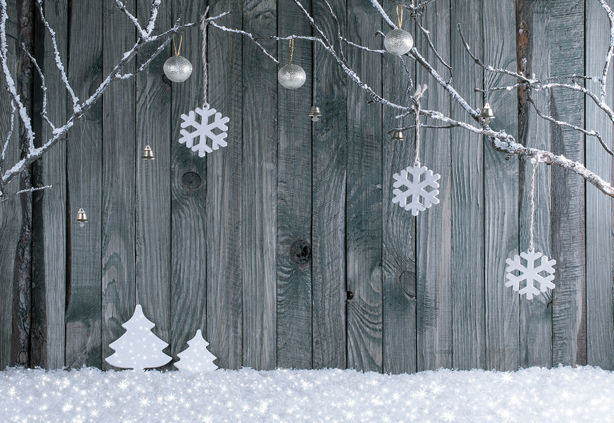 Toile de fond de photographie de Noël flocon de neige de mur en bois