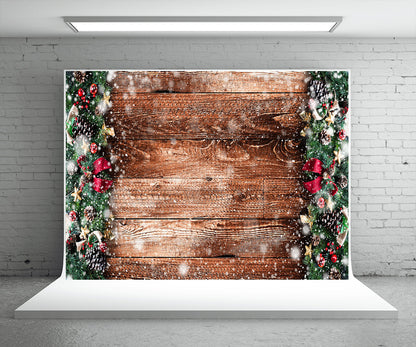 Toile de fond de planche de pin de neige de Noël pour la photographie