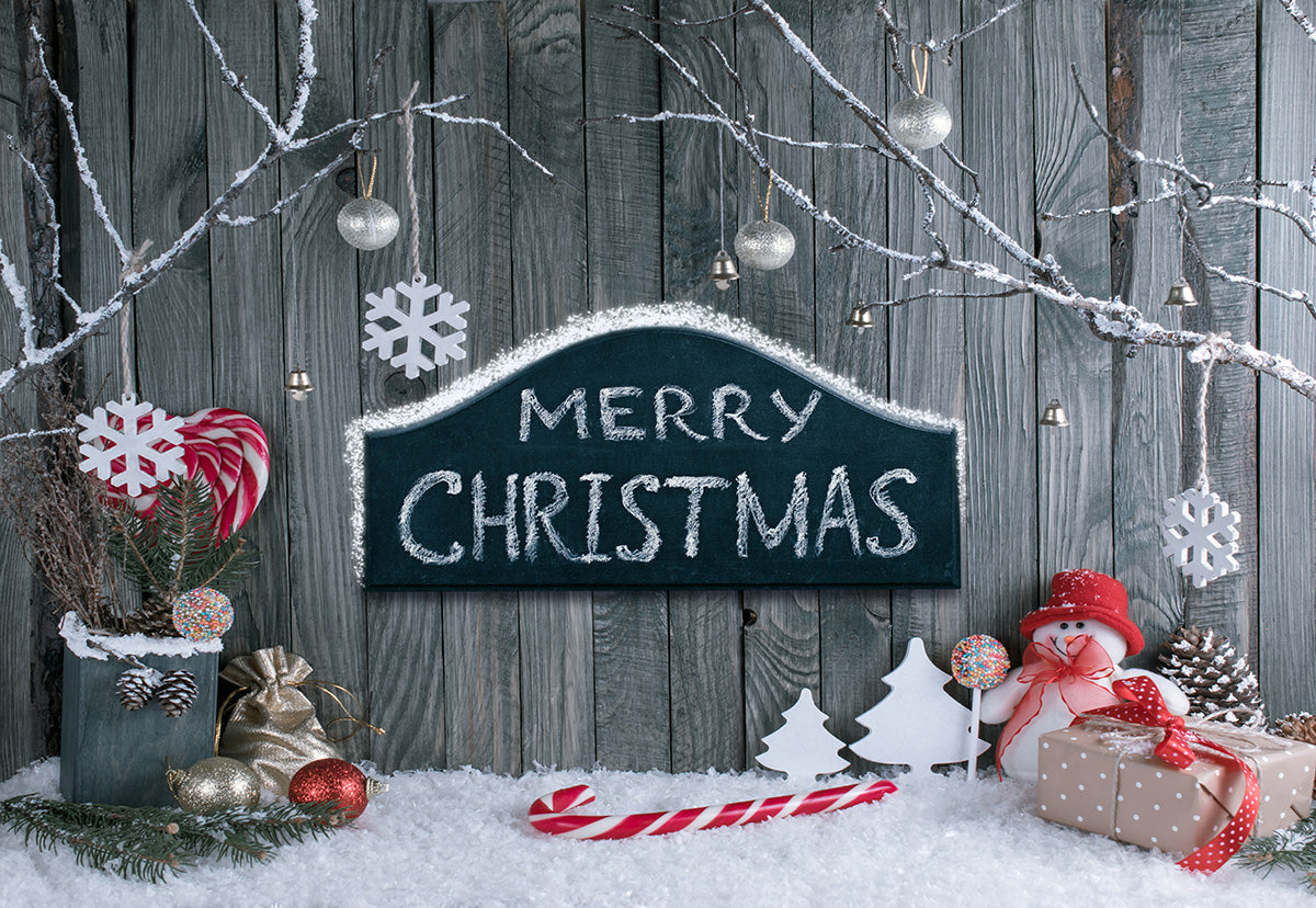 Toile de fond de joyeux Noël photographie de bonhomme de neige mur en bois fond