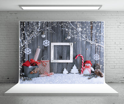 Toile de fond de photographie de mur en bois de branches de flocon de neige de Noël