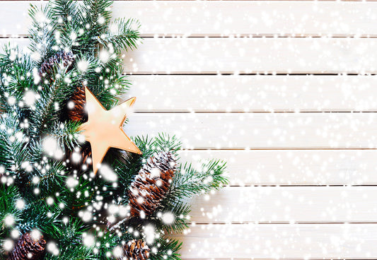 Toile de fond de photographie de mur en bois de flocon de neige de branche de pin pour Noël