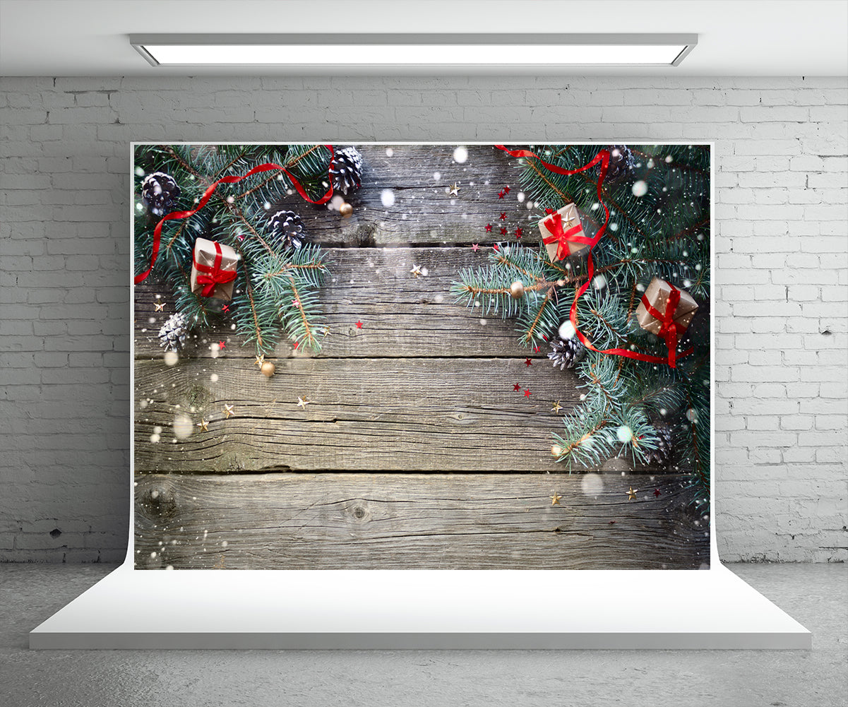 Toile de fond de cadeau de Noël mur en bois photographie planche de pin