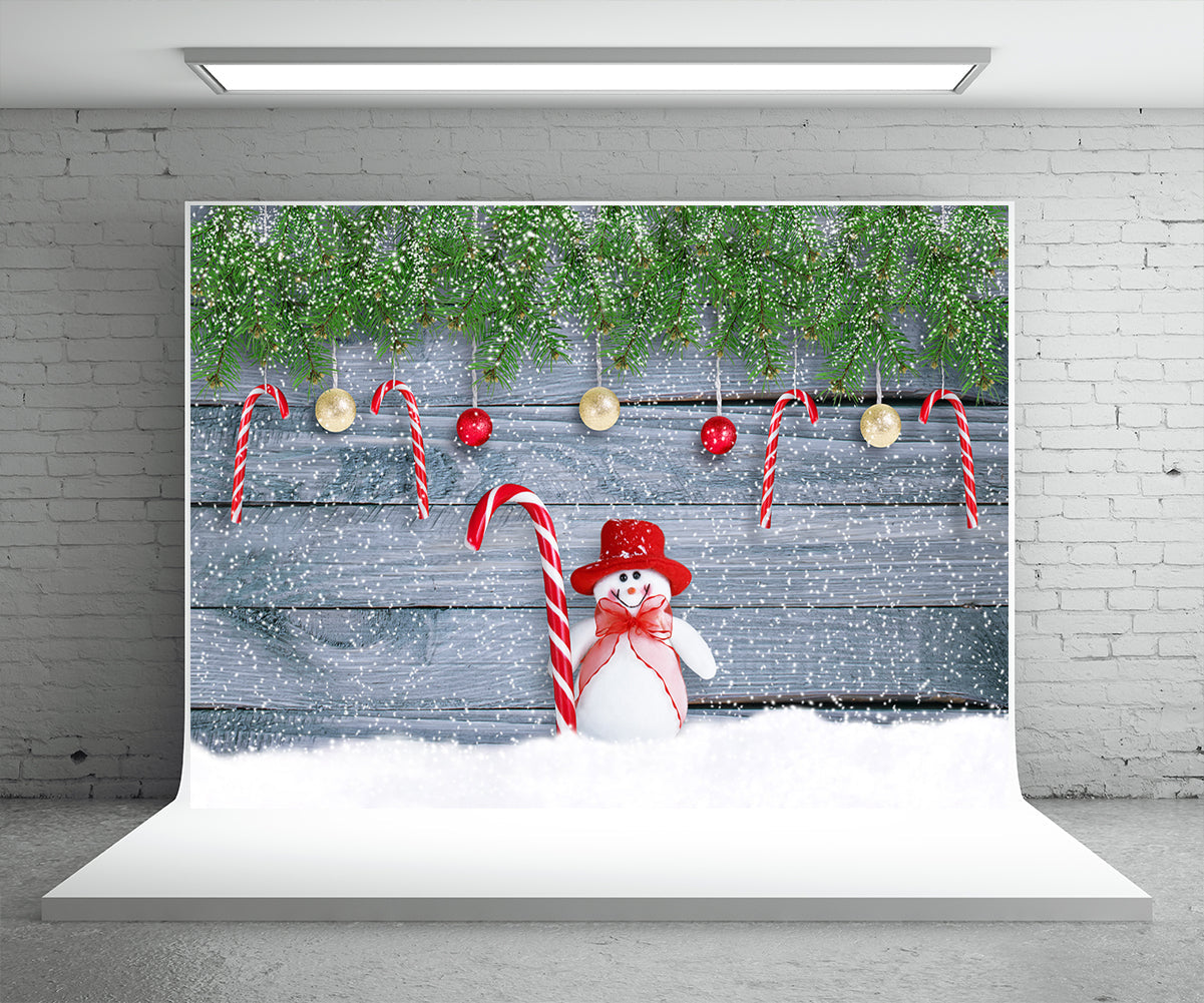 Toile de fond de bonhomme de neige fond de photographie de Noël flocons de neige fond de mur en bois
