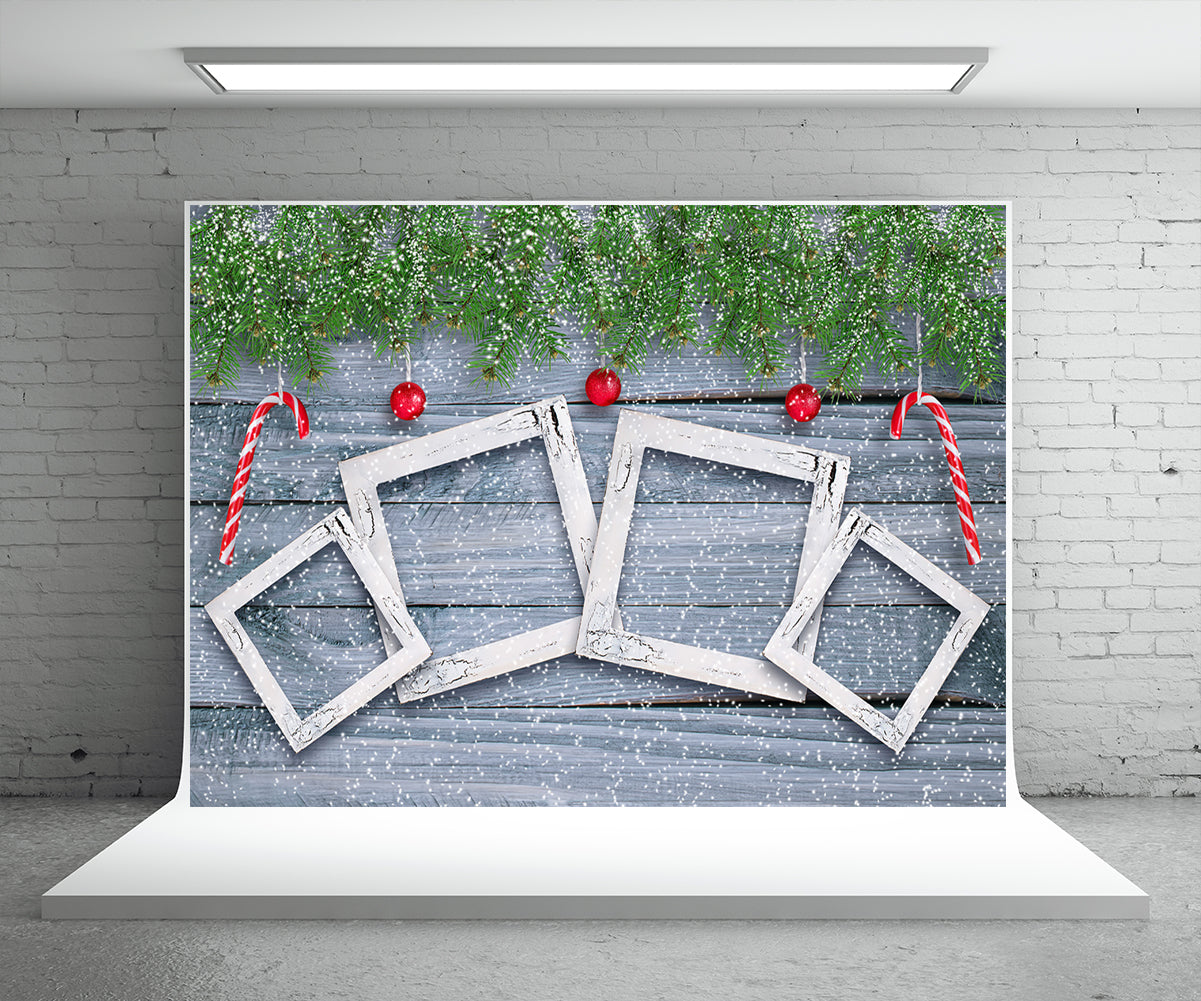 Toile de fond de Noël flocon de neige bois mur pin branche fond de photographie