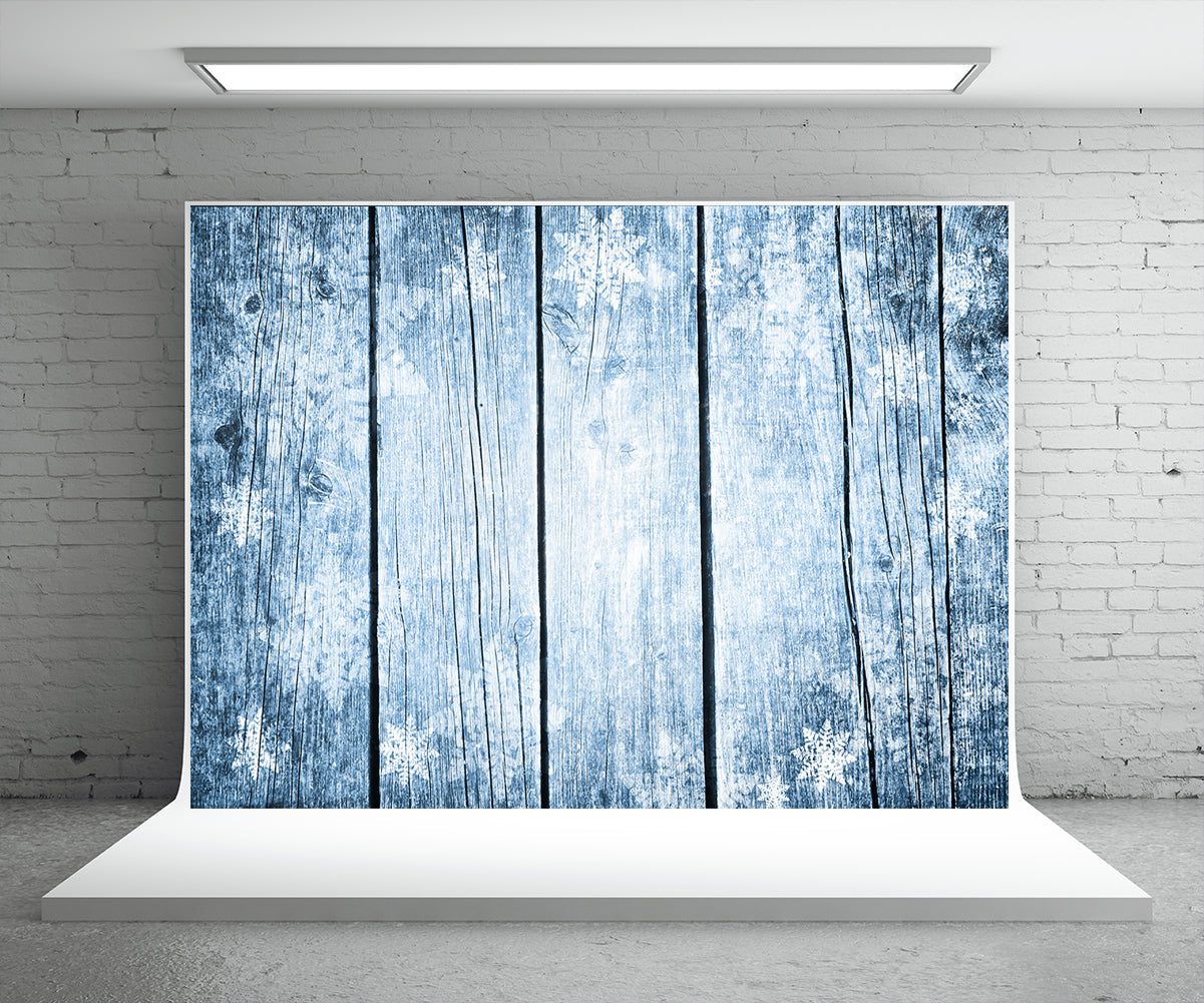 Toile de fond de photographie de mur en bois bleu flocon de neige pour Noël