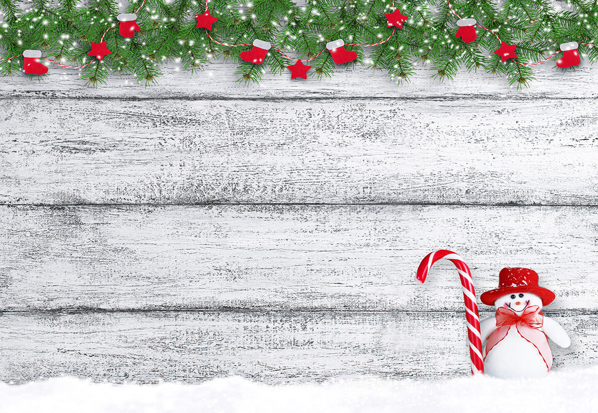 Toile de fond de photographie de mur en bois de branche de pin de bonhomme de neige pour Noël