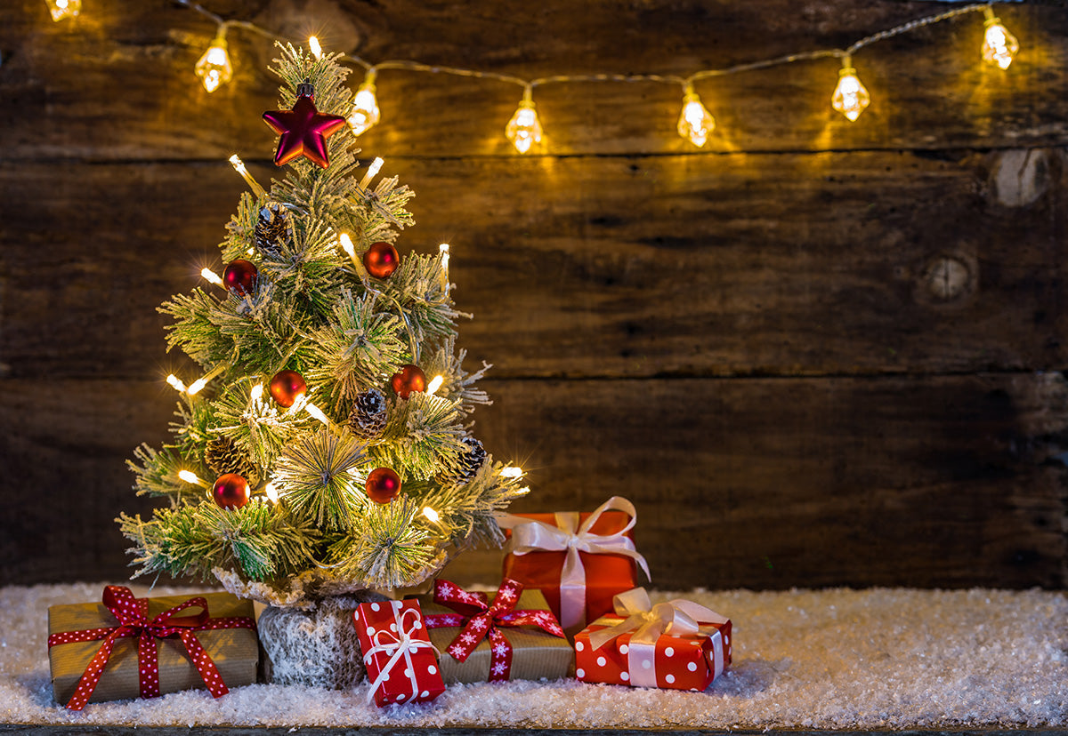 Toile de fond d'arbre de Noël photographie fond bois clair