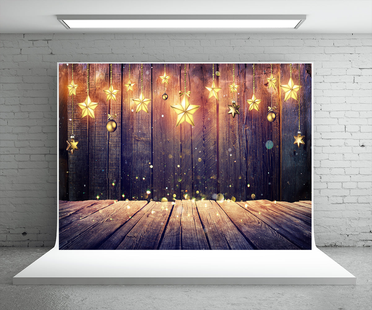 Toile de fond de photographie de mur en bois d'étoile lumineuse pour Noël