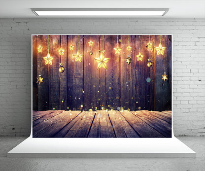 Toile de fond de photographie de mur en bois d'étoile lumineuse pour Noël