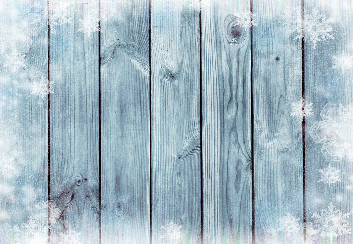 Toile de fond de photographie de mur en bois bleu clair flocon de neige de Noël